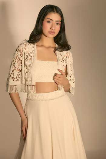 Premya By Manishii_Ivory Georgette, Tulle Embroidery Bandeau Neck Hand Cutwork Cape And Skirt Set _at_Aza_Fashions