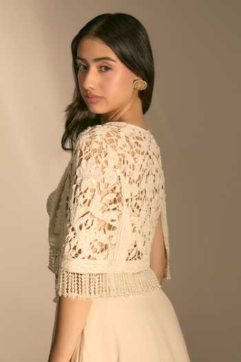 Buy_Premya By Manishii_Ivory Georgette, Tulle Embroidery Bandeau Neck Hand Cutwork Cape And Skirt Set 