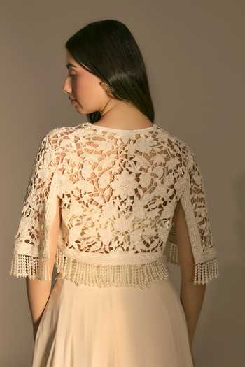 Shop_Premya By Manishii_Ivory Georgette, Tulle Embroidery Bandeau Neck Hand Cutwork Cape And Skirt Set 
