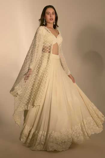 Buy Premya By Manishii Ivory Georgette, Tulle Sweetheart Lehenga Set With Heavy Embroidered Dupatta Online at Aza Fashions Buy_Premya By Manishii_Ivory Georgette, Tulle Sweetheart Lehenga Set With Heavy Embroidered Dupatta _Online_at_Aza_Fashions