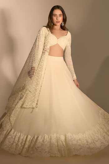 Shop Premya By Manishii Ivory Georgette, Tulle Sweetheart Lehenga Set With Heavy Embroidered Dupatta Online at Aza Fashions Shop_Premya By Manishii_Ivory Georgette, Tulle Sweetheart Lehenga Set With Heavy Embroidered Dupatta _Online_at_Aza_Fashions
