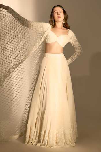 Premya By Manishii Ivory Georgette, Tulle Sweetheart Lehenga Set With Heavy Embroidered Dupatta at Aza Fashions Premya By Manishii_Ivory Georgette, Tulle Sweetheart Lehenga Set With Heavy Embroidered Dupatta _at_Aza_Fashions
