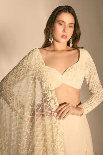 Shop Premya By Manishii Ivory Georgette, Tulle Sweetheart Lehenga Set With Heavy Embroidered Dupatta Shop_Premya By Manishii_Ivory Georgette, Tulle Sweetheart Lehenga Set With Heavy Embroidered Dupatta