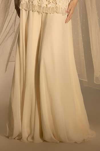 Premya By Manishii_Ivory Georgette, Tulle Scoop Neck, Hand Embroidered Cutwork Kurta Sharara Set _Online_at_Aza_Fashions