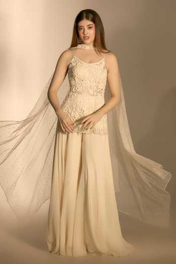 Buy_Premya By Manishii_Ivory Georgette, Tulle Scoop Neck, Hand Embroidered Cutwork Kurta Sharara Set _Online_at_Aza_Fashions