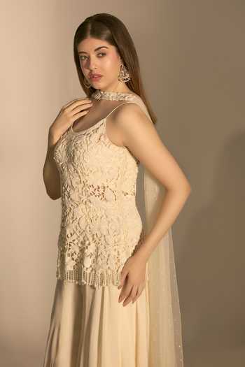 Shop_Premya By Manishii_Ivory Georgette, Tulle Scoop Neck, Hand Embroidered Cutwork Kurta Sharara Set _Online_at_Aza_Fashions