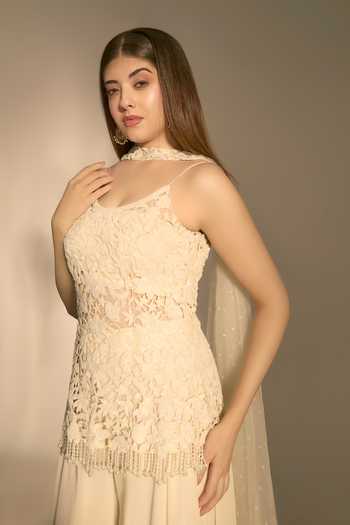 Premya By Manishii_Ivory Georgette, Tulle Scoop Neck, Hand Embroidered Cutwork Kurta Sharara Set _at_Aza_Fashions