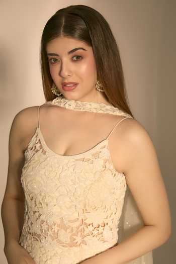 Buy_Premya By Manishii_Ivory Georgette, Tulle Scoop Neck, Hand Embroidered Cutwork Kurta Sharara Set 
