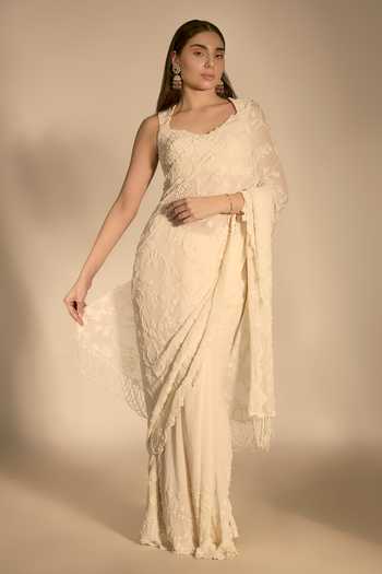 Premya By Manishii_Ivory Georgette, Tulle Scoop Neck Hand Embroidered Saree With Blouse _Online_at_Aza_Fashions