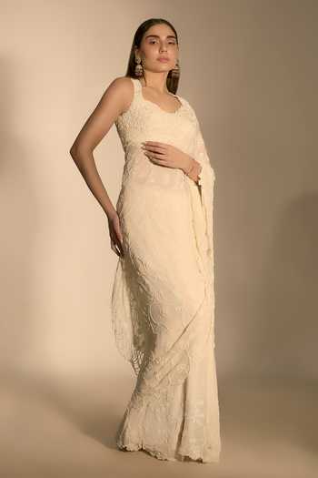 Buy_Premya By Manishii_Ivory Georgette, Tulle Scoop Neck Hand Embroidered Saree With Blouse _Online_at_Aza_Fashions