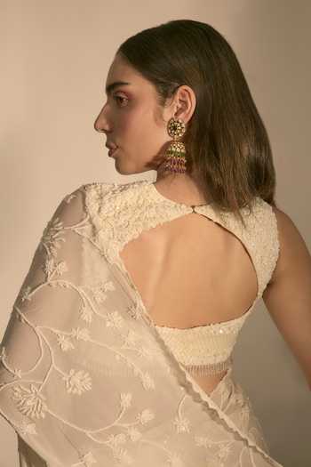 Premya By Manishii_Ivory Georgette, Tulle Scoop Neck Hand Embroidered Saree With Blouse _at_Aza_Fashions