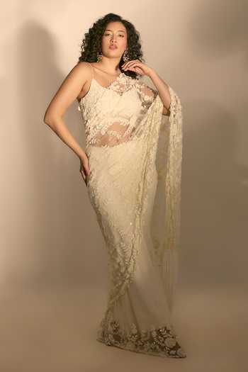 Premya By Manishii_Ivory Georgette, Tulle Scoop Neck Hand Embroidered Saree With Blouse _Online_at_Aza_Fashions