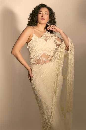Shop_Premya By Manishii_Ivory Georgette, Tulle Scoop Neck Hand Embroidered Saree With Blouse _Online_at_Aza_Fashions