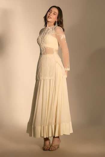 Premya By Manishii_Ivory Organza Embroidery High Neck Hand Kurta Skirt Set _Online_at_Aza_Fashions