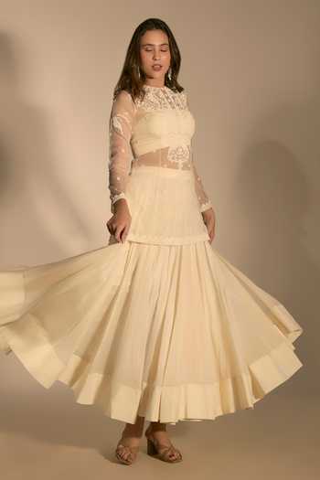 Buy_Premya By Manishii_Ivory Organza Embroidery High Neck Hand Kurta Skirt Set _Online_at_Aza_Fashions