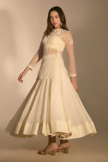 Shop_Premya By Manishii_Ivory Organza Embroidery High Neck Hand Kurta Skirt Set _Online_at_Aza_Fashions