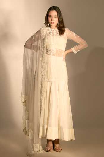 Premya By Manishii_Ivory Organza Embroidery High Neck Hand Kurta Skirt Set _at_Aza_Fashions