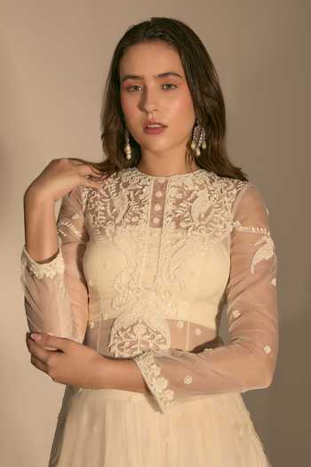 Shop_Premya By Manishii_Ivory Organza Embroidery High Neck Hand Kurta Skirt Set 