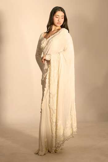 Premya By Manishii_Ivory Georgette, Tulle Sweetheart Neck Hand Embroidered Saree With Blouse _Online_at_Aza_Fashions