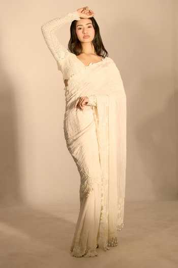 Shop_Premya By Manishii_Ivory Georgette, Tulle Sweetheart Neck Hand Embroidered Saree With Blouse _Online_at_Aza_Fashions