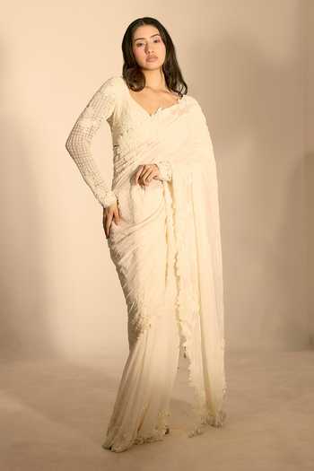 Premya By Manishii_Ivory Georgette, Tulle Sweetheart Neck Hand Embroidered Saree With Blouse _at_Aza_Fashions