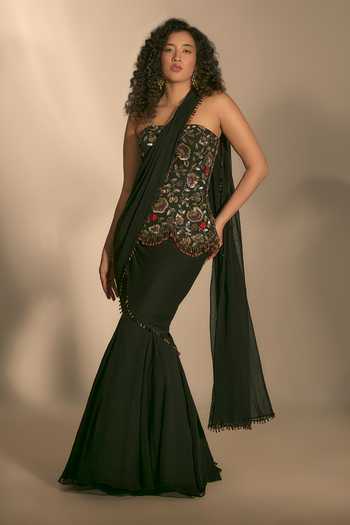 Premya By Manishii_Black Georgette, Tulle Beads, Hand Embroidered Pre-draped Saree With Corset _Online_at_Aza_Fashions