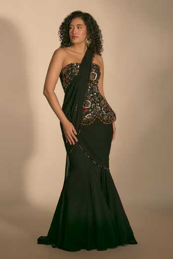 Buy_Premya By Manishii_Black Georgette, Tulle Beads, Hand Embroidered Pre-draped Saree With Corset _Online_at_Aza_Fashions