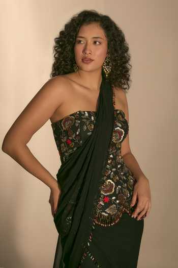 Shop_Premya By Manishii_Black Georgette, Tulle Beads, Hand Embroidered Pre-draped Saree With Corset _Online_at_Aza_Fashions