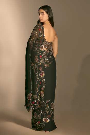 Premya By Manishii_Black Georgette, Tulle V-neck Hand Embroidered Saree With Blouse _Online_at_Aza_Fashions