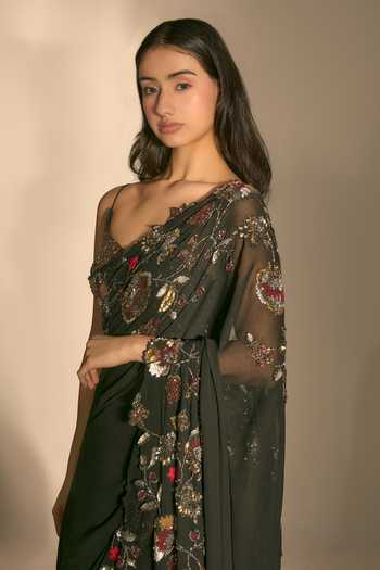 Buy_Premya By Manishii_Black Georgette, Tulle V-neck Hand Embroidered Saree With Blouse _Online_at_Aza_Fashions