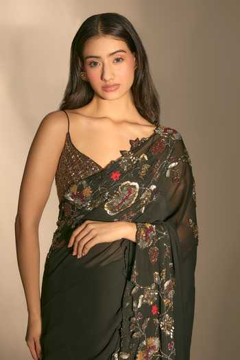 Shop_Premya By Manishii_Black Georgette, Tulle V-neck Hand Embroidered Saree With Blouse _Online_at_Aza_Fashions