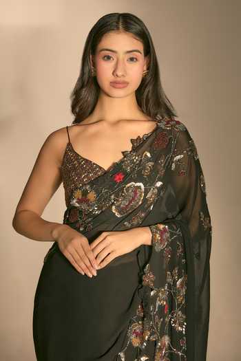 Premya By Manishii_Black Georgette, Tulle V-neck Hand Embroidered Saree With Blouse _at_Aza_Fashions