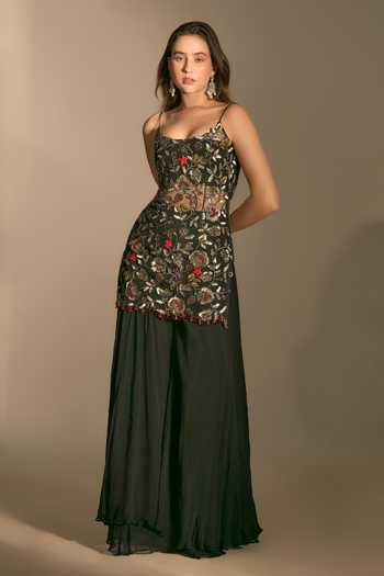 Shop_Premya By Manishii_Black Georgette, Tulle Sequins, Beads Hand Embroidered Kurta And Sharara Set _Online_at_Aza_Fashions