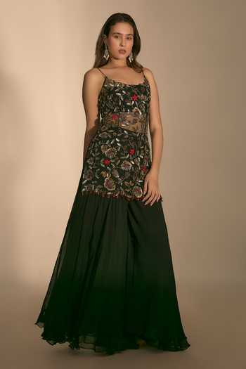 Premya By Manishii_Black Georgette, Tulle Sequins, Beads Hand Embroidered Kurta And Sharara Set _at_Aza_Fashions