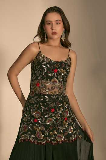 Buy_Premya By Manishii_Black Georgette, Tulle Sequins, Beads Hand Embroidered Kurta And Sharara Set 