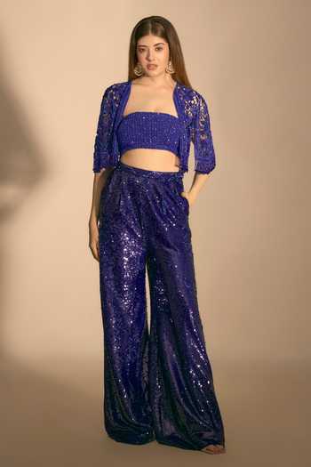 Premya By Manishii_Blue Tulle Bandeau Neck Hand Embroidered Cape And Sequin Pant Set _Online_at_Aza_Fashions