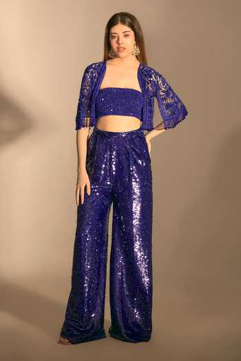 Premya By Manishii Hand Embroidered Cape & Sequin Pant Set 