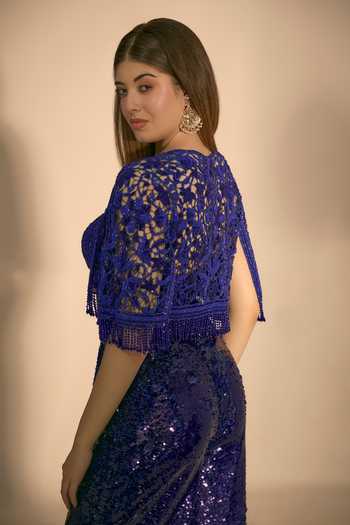 Shop_Premya By Manishii_Blue Tulle Bandeau Neck Hand Embroidered Cape And Sequin Pant Set _Online_at_Aza_Fashions