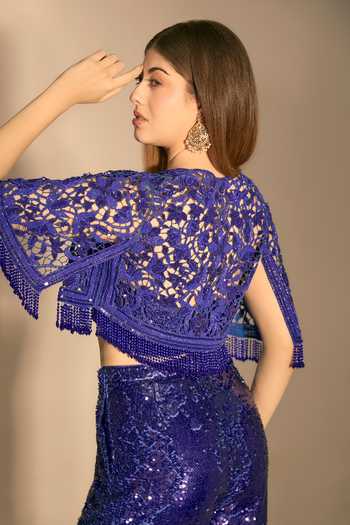 Premya By Manishii_Blue Tulle Bandeau Neck Hand Embroidered Cape And Sequin Pant Set _at_Aza_Fashions