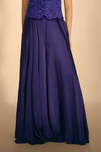 Premya By Manishii_Blue Crepe, Tulle Halter Neck Hand Embroidered Waistcoat And Flared Pant Set _Online_at_Aza_Fashions