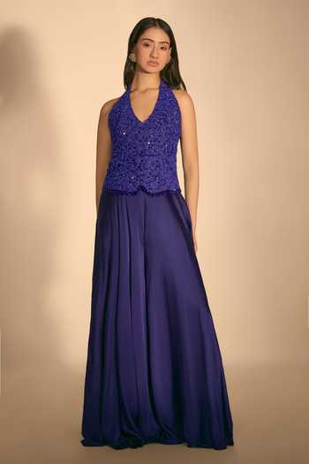 Buy_Premya By Manishii_Blue Crepe, Tulle Halter Neck Hand Embroidered Waistcoat And Flared Pant Set _Online_at_Aza_Fashions