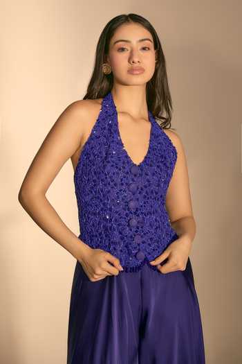 Shop_Premya By Manishii_Blue Crepe, Tulle Halter Neck Hand Embroidered Waistcoat And Flared Pant Set _Online_at_Aza_Fashions