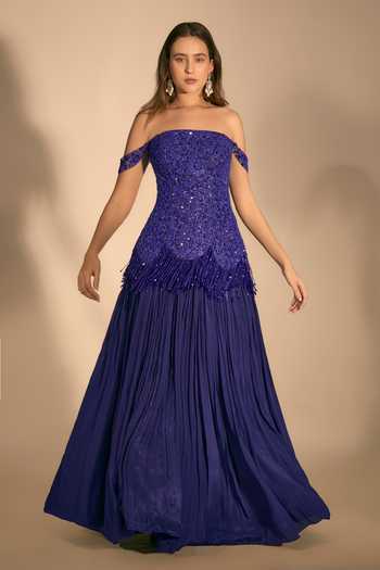 Premya By Manishii_Blue Crepe, Tulle Tassels Hand Embroidered Corset And Pleated Skirt Set _Online_at_Aza_Fashions