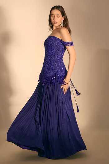 Buy_Premya By Manishii_Blue Crepe, Tulle Tassels Hand Embroidered Corset And Pleated Skirt Set _Online_at_Aza_Fashions