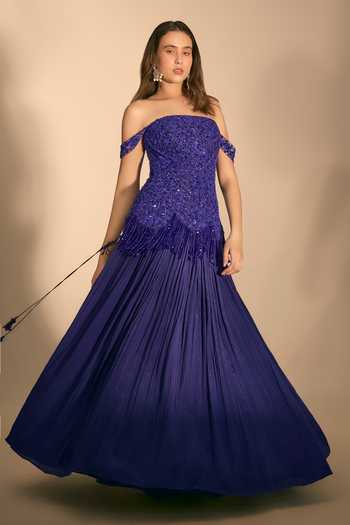 Shop_Premya By Manishii_Blue Crepe, Tulle Tassels Hand Embroidered Corset And Pleated Skirt Set _Online_at_Aza_Fashions