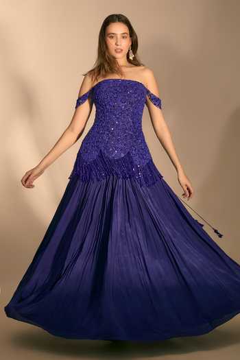 Premya By Manishii_Blue Crepe, Tulle Tassels Hand Embroidered Corset And Pleated Skirt Set _at_Aza_Fashions