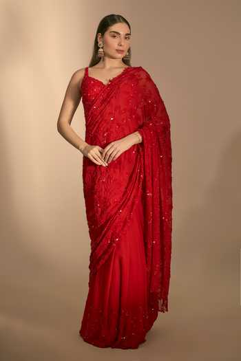 Premya By Manishii_Red Georgette, Tulle Embroidery, Sequins Sweetheart Neck Hand Saree With Corset _Online_at_Aza_Fashions