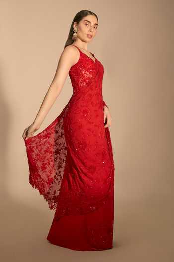 Buy_Premya By Manishii_Red Georgette, Tulle Embroidery, Sequins Sweetheart Neck Hand Saree With Corset _Online_at_Aza_Fashions
