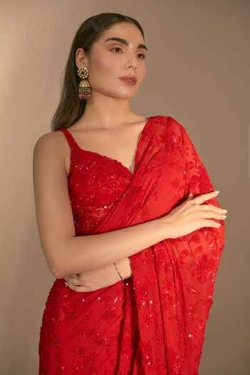 Shop_Premya By Manishii_Red Georgette, Tulle Embroidery, Sequins Sweetheart Neck Hand Saree With Corset _Online_at_Aza_Fashions