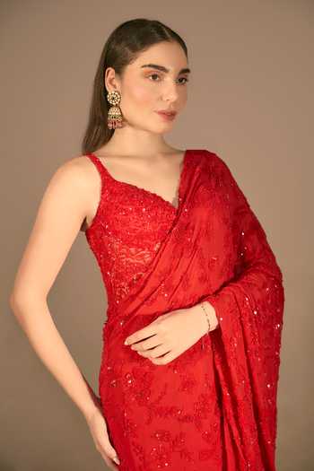 Premya By Manishii_Red Georgette, Tulle Embroidery, Sequins Sweetheart Neck Hand Saree With Corset _at_Aza_Fashions